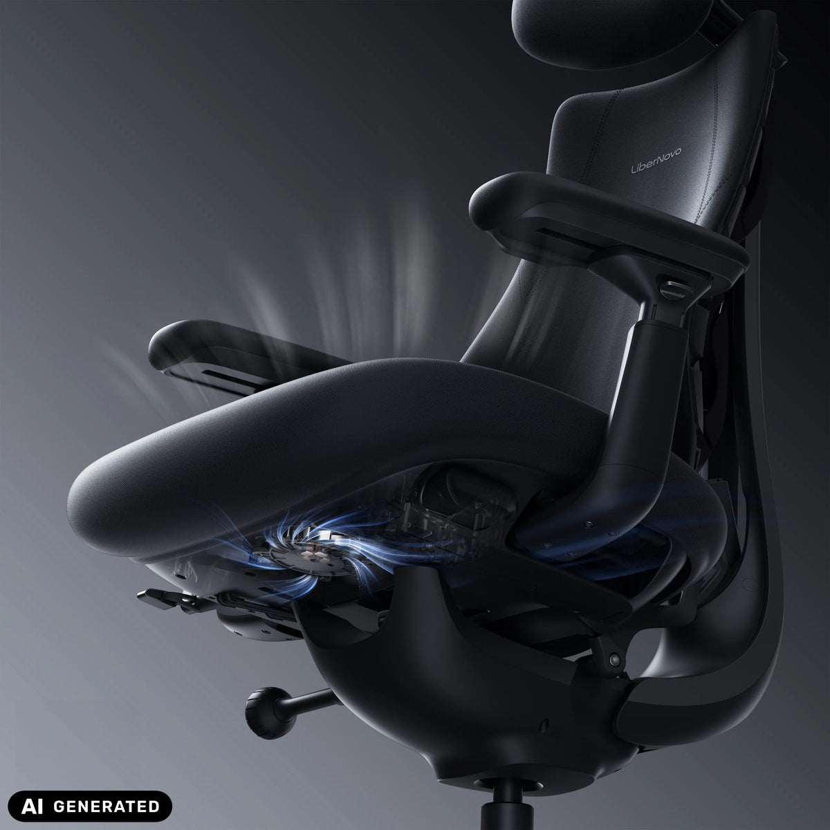 Mécanisme d'assise du fauteuil de bureau LiberNovo Maxis Airflow en graphite avec représentation graphique du flux d'air de Libernovo