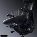 Mécanisme d'assise du fauteuil de bureau LiberNovo Maxis Airflow en graphite avec représentation graphique du flux d'air de Libernovo