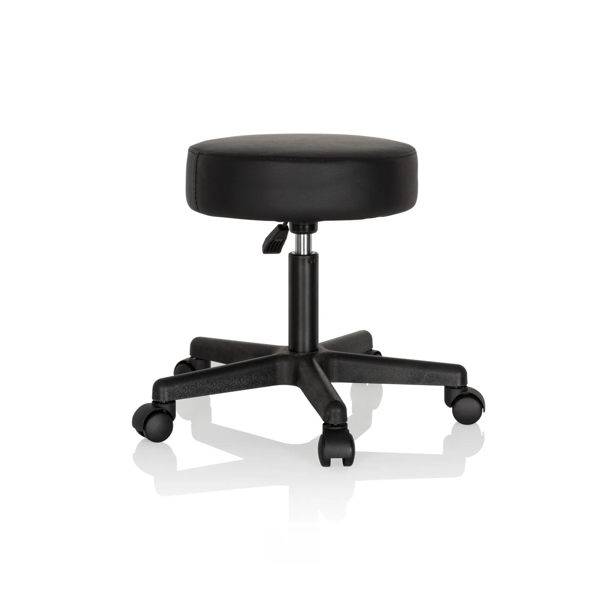 Tabouret pivotant noir OPERATOR I avec assise rembourrée et piètement à cinq roulettes de hjh OFFICE – vue à 360° (vue de trois quarts arrière 120°)
