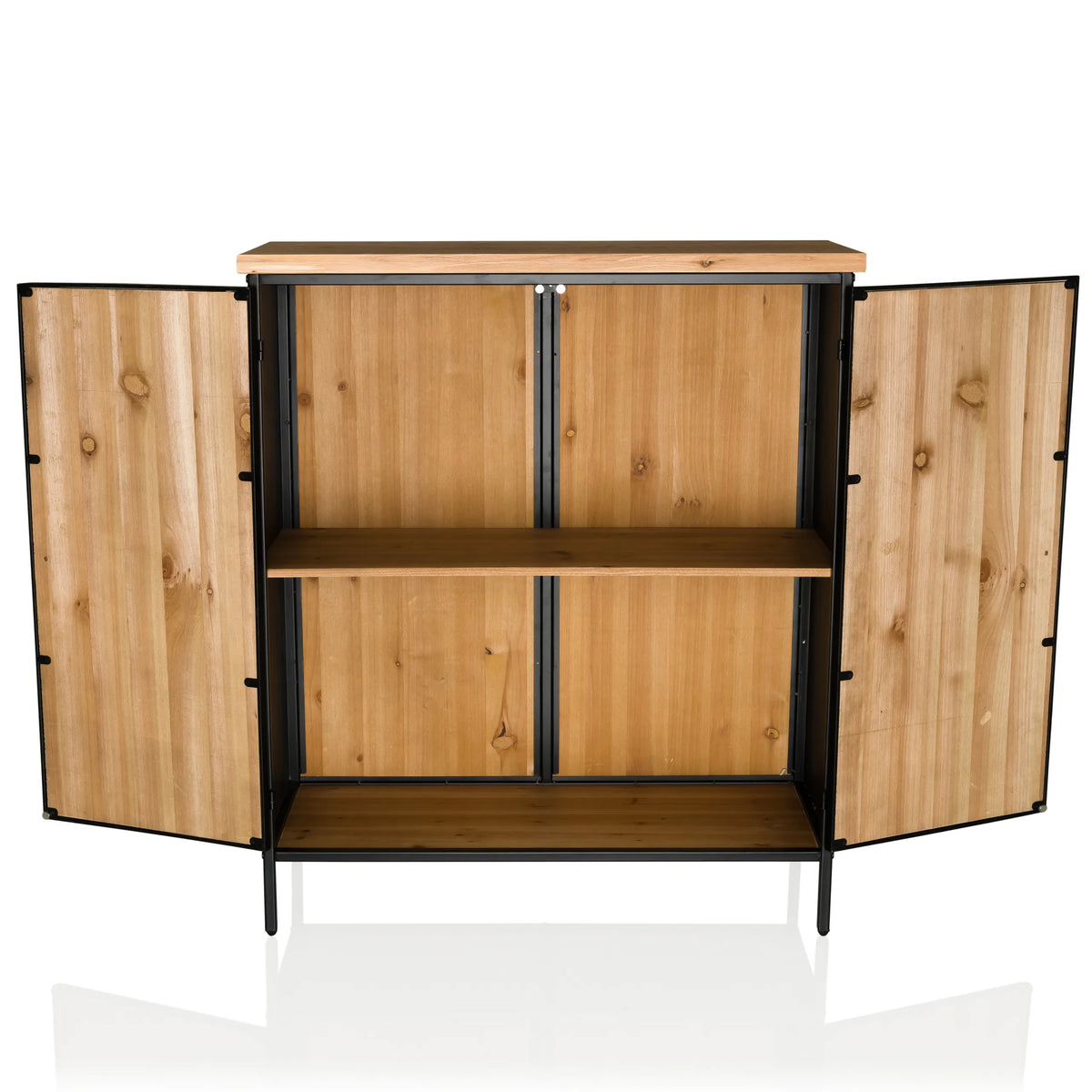 Geöffnetes Fach mit einem Regalboden der Kommode SANTJAGO BLACK SUN XL in Holzoptik mit schwarzem Gestell von hjh LIVING