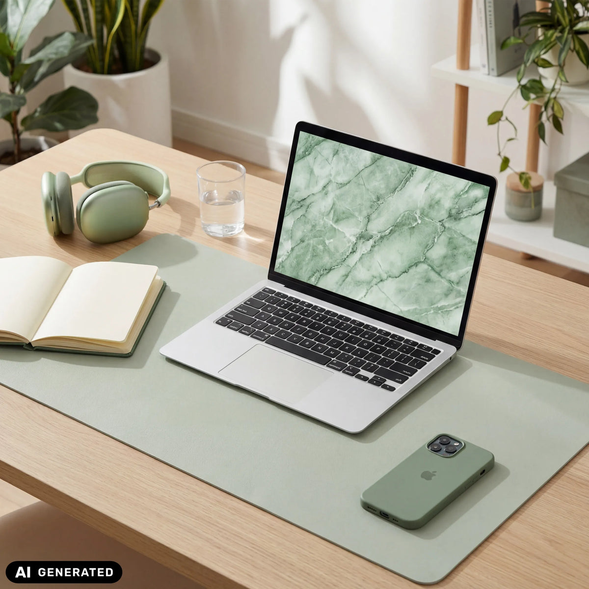 Sous-main de bureau Padflux Clean vert clair sur une table en bois avec un ordinateur portable et accessoires de hjh OFFICE (image générée par IA)