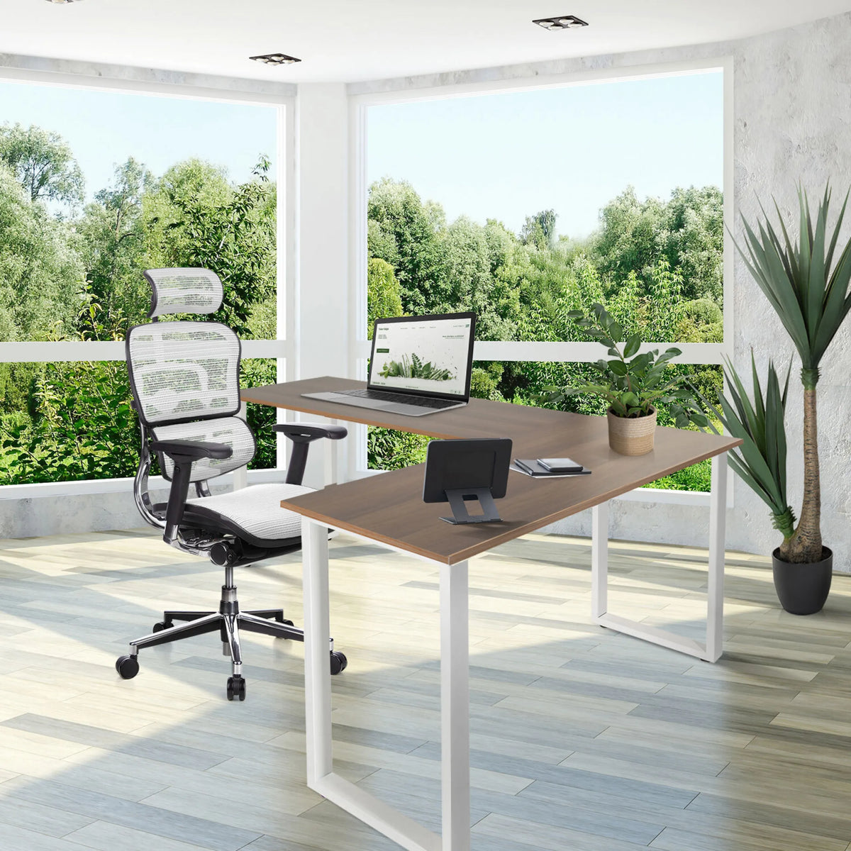 Bureau d'angle WORKSPACE BASIC I en noyer et blanc avec piètement blanc de hjh OFFICE