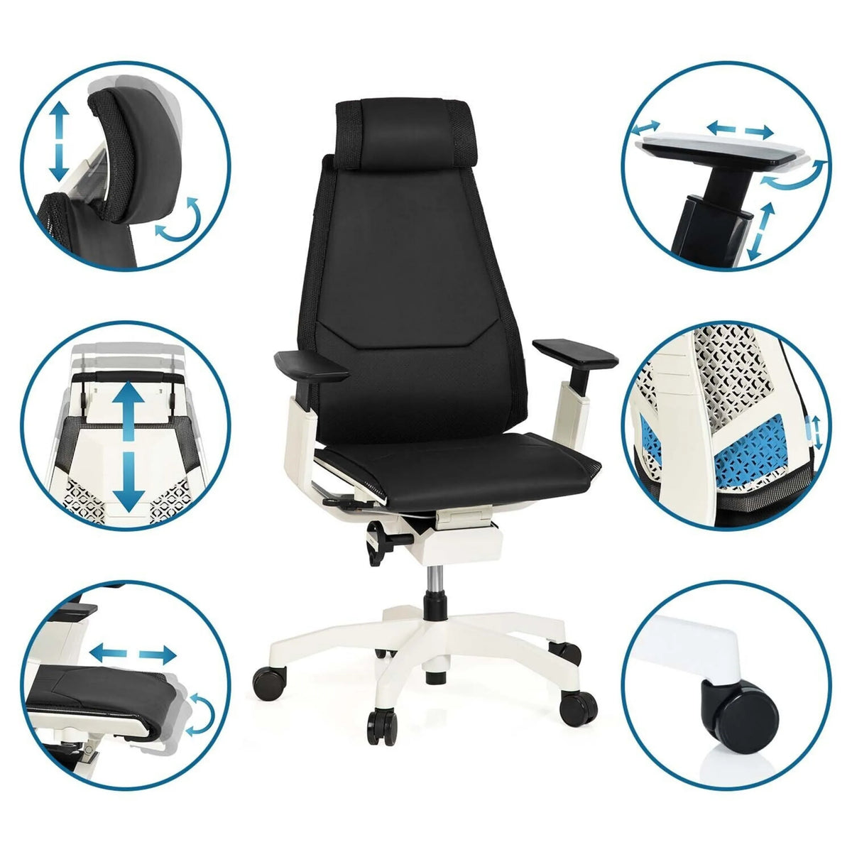 Siège de bureau haut de gamme GENIDIA PRO WHITE en noir avec différentes options de réglage de hjh OFFICE