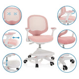 Chaise pour enfants rose KID ERGO avec vues détaillées des accoudoirs réglables, de la hauteur d'assise et des roulettes de hjh OFFICE