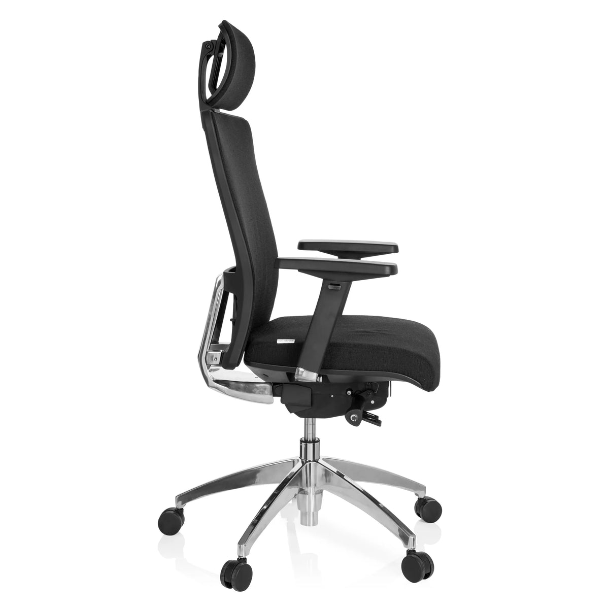 Siège de bureau de qualité professionnelle ASTRA LUX noir avec appuie-tête, accoudoirs et base à cinq roulettes de hjh OFFICE – vue à 360° (vue de profil 80°)