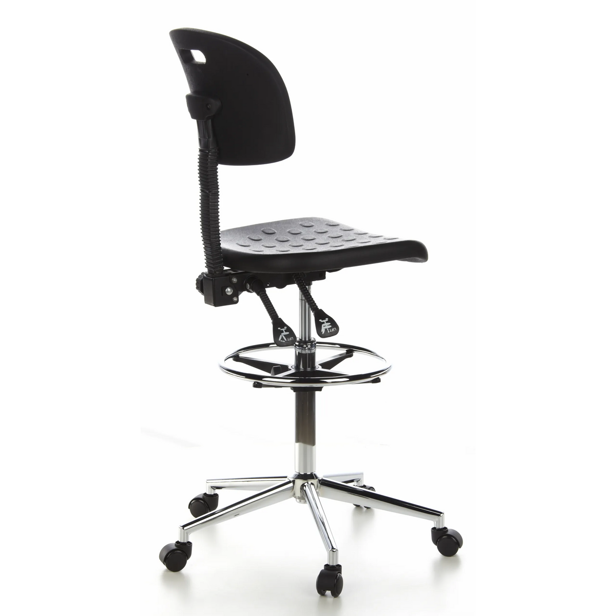 Chaise de comptoir noire TOP WORK 23 avec repose-pieds et piètement à cinq roulettes de hjh OFFICE – vue à 360° (vue de trois quarts arrière 120°)