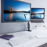 Fixation pour écran VM-MH2 noire avec un écran fixé sur un bureau blanc de hjh OFFICE
