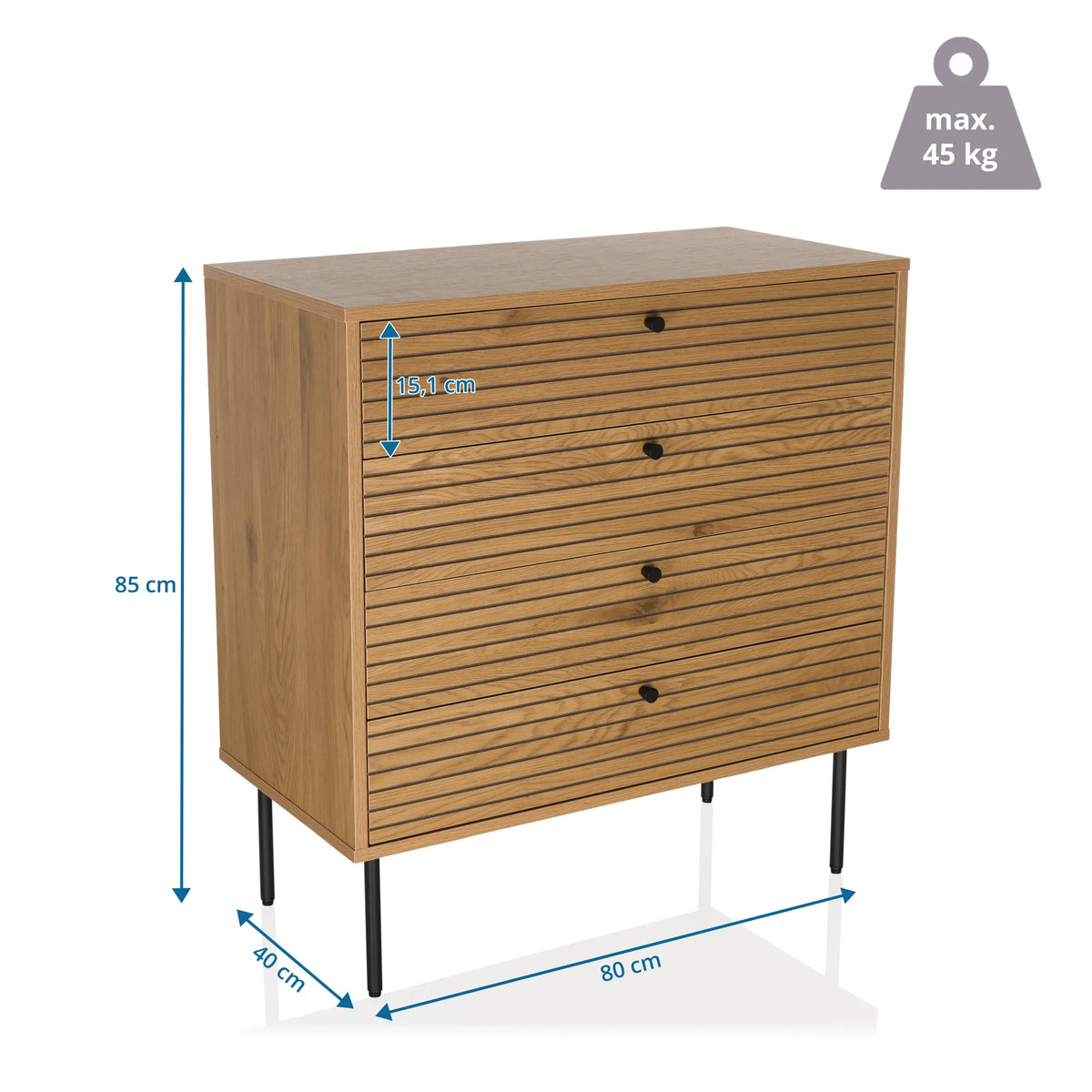 Dessin coté de la Commode LINNO K de 80 x 40 cm et d'une hauteur de 85 cm de hjh LIVING