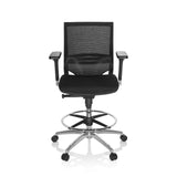 Chaise de comptoir TOP WORK 78 noire avec dossier en maille, repose-pieds et base à cinq roulettes de hjh OFFICE – vue à 360° (vue de face 0°)