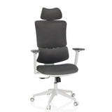 Siège de bureau à domicile ERGOMY WF gris avec revêtement en tissu, cadre blanc et base à cinq roulettes de MyBuero – vue à 360° (vue de face 15°)