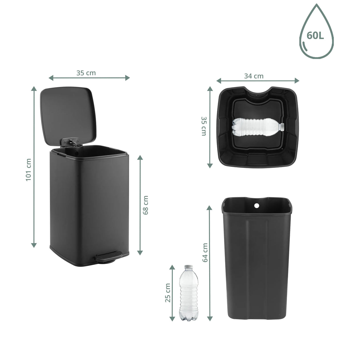 Dessin technique de la Poubelle Clean Step 4 avec une capacité de 60 l et une hauteur de 101 cm de hjh OFFICE