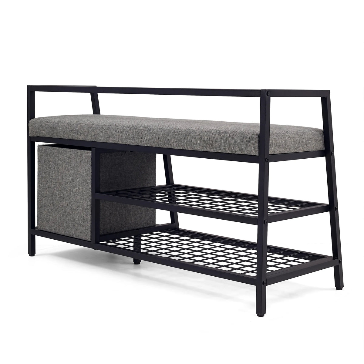 Armoire à chaussures Estha Loft en noir et gris avec surface d'assise grise et deux étagères grillagées de hjh LIVING