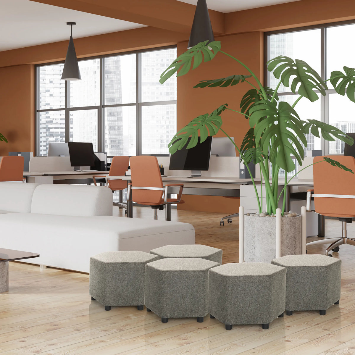 Cinq tabourets rembourrés hexagonaux gris BAREO dans un environnement de bureau moderne de hjh OFFICE