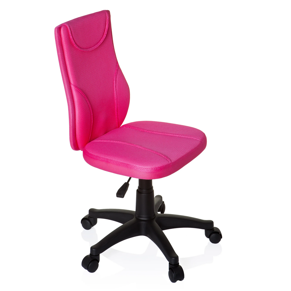 Chaise pivotante pour des enfants KIDDY BASE rose avec dossier en maille et base noire à cinq roulettes de hjh OFFICE – vue à 360° (vue de trois quarts avant 60°)