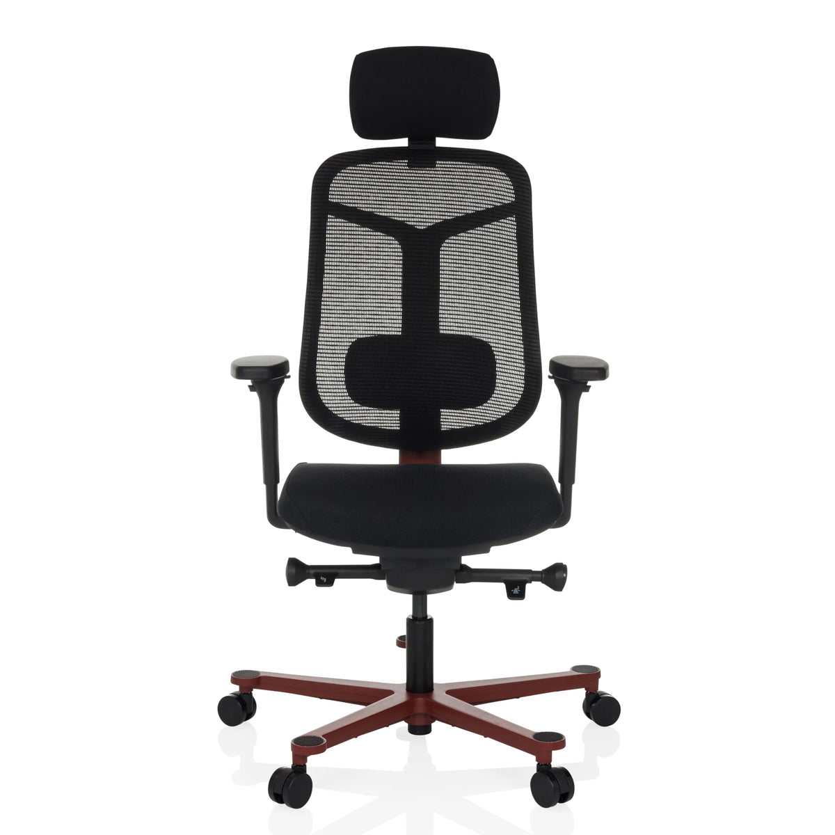 Siège de bureau haut de gamme BICOLORE HIGH noir avec dossier en maille, appui-tête et piètement rouge à cinq roulettes de hjh OFFICE – vue à 360° (vue de face 0°)
