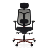 Siège de bureau haut de gamme BICOLORE HIGH noir avec dossier en maille, appui-tête et piètement rouge à cinq roulettes de hjh OFFICE – vue à 360° (vue de face 0°)