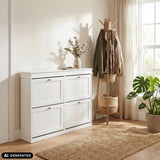 Armoire à chaussures Estha 40 blanche avec quatre compartiments abattants et poignées argentées de hjh LIVING (image générée par IA)