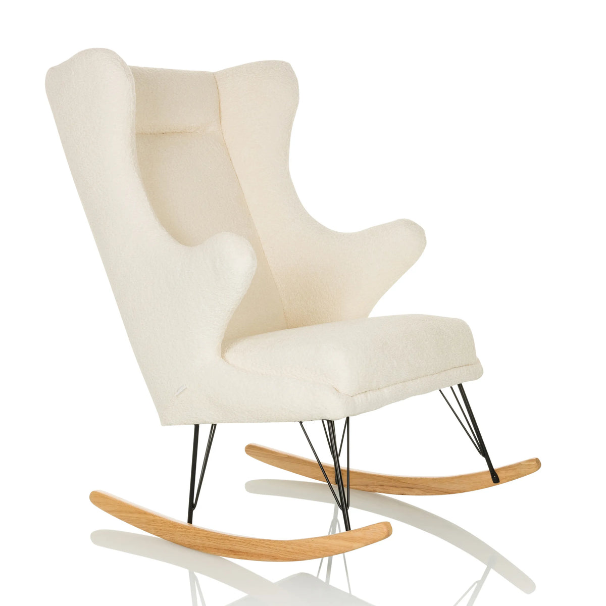 Fauteuil de salon blanc MAPOON comme fauteuil à bascule avec patins en bois et métal de hjh LIVING – vue à 360° (vue de trois quarts avant 45°)