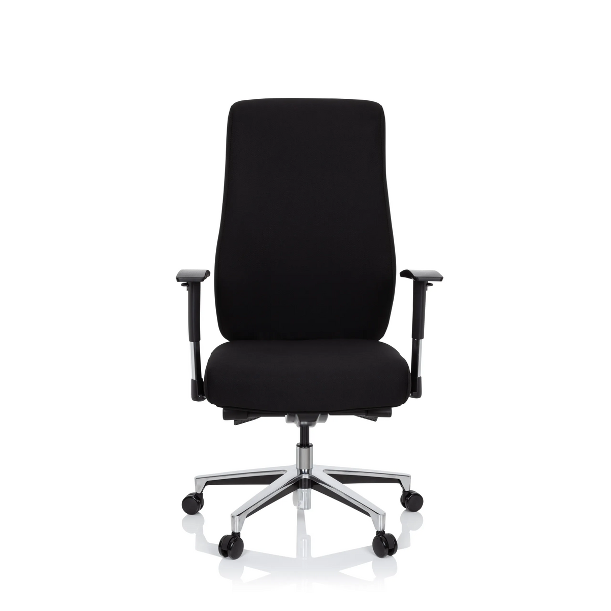 Siège de bureau de qualité professionnelle FORCOM noir avec accoudoirs et pied à cinq roulettes de hjh OFFICE – vue à 360° (vue de face 0°)