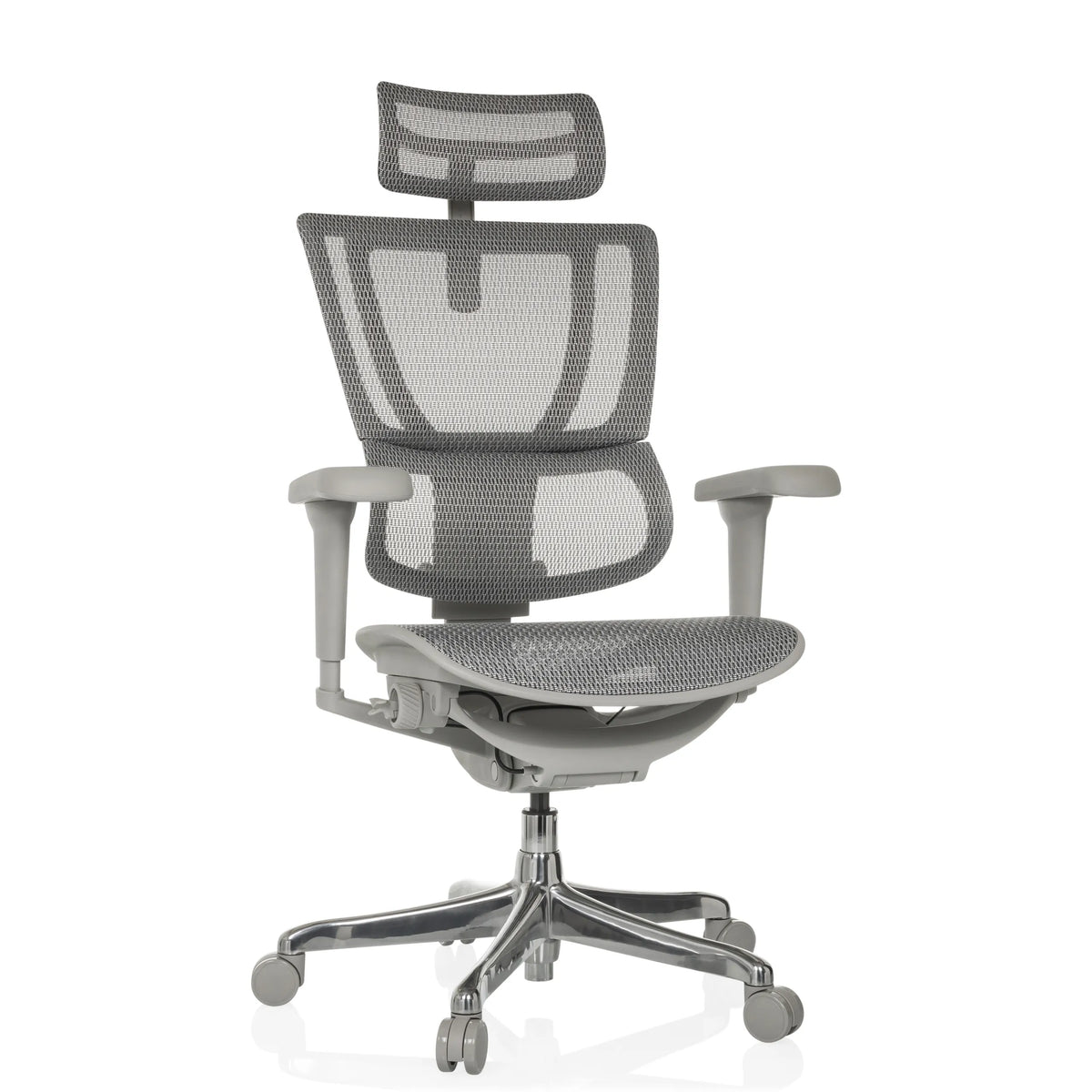 Siège de direction de luxe ERGOHUMAN SLIM ULTRA G GEN2 gris avec dossier en maille et étoile à cinq roulettes de hjh OFFICE – vue à 360° (vue de face 15°)