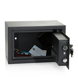 Coffre-fort SAFE COMPACT III ouvert en noir avec deux boutons rotatifs, une clé et contenu de hjh OFFICE