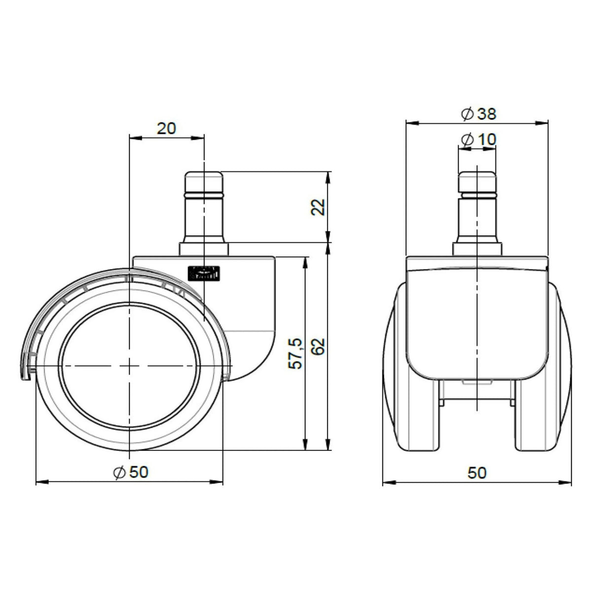 Dessin technique des roulettes 5x ROLO FREE 10mm/50mm avec un diamètre de roulette de 50 mm de hjh OFFICE
