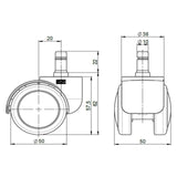 Dessin technique des roulettes 5x ROLO FREE 10mm/50mm avec un diamètre de roulette de 50 mm de hjh OFFICE