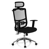 Siège de bureau de qualité professionnelle CAYEN noir, dossier mesh, appuie-tête et base à 5 roulettes de hjh OFFICE – vue à 360° (vue de trois quarts avant 40°)
