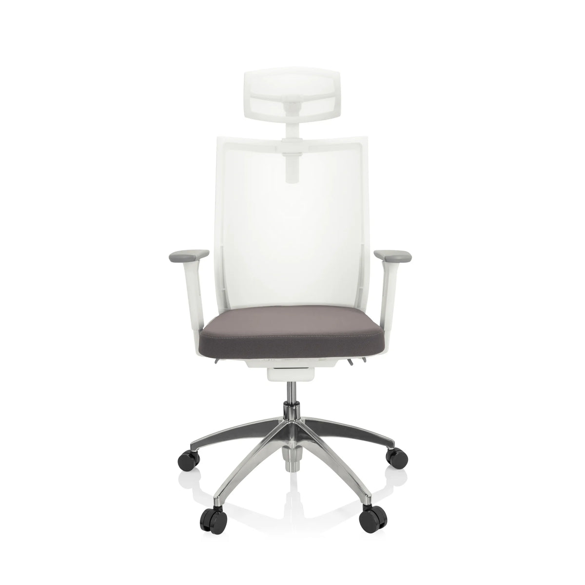 Siège de bureau de qualité professionnelle ASPEN WHITE PRO gris et blanc avec dossier en maille, appuie-tête et base à cinq roulettes de hjh OFFICE – vue à 360° (vue de face 0°)