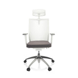 Siège de bureau de qualité professionnelle ASPEN WHITE PRO gris et blanc avec dossier en maille, appuie-tête et base à cinq roulettes de hjh OFFICE – vue à 360° (vue de face 0°)