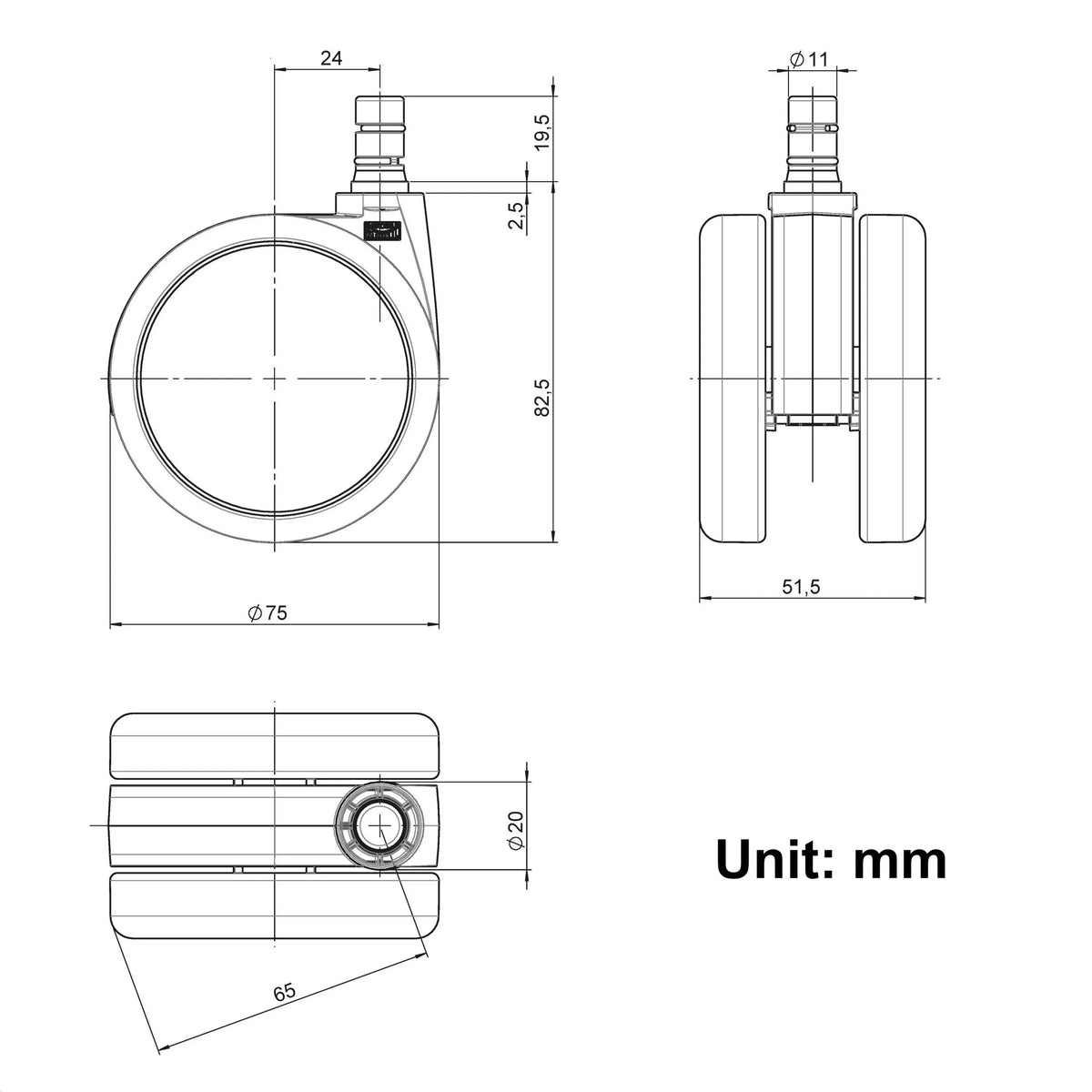 Dessin technique des Roulettes 5x ROLO No-Noise 11mm/75mm d'un diamètre de 75 mm de hjh OFFICE