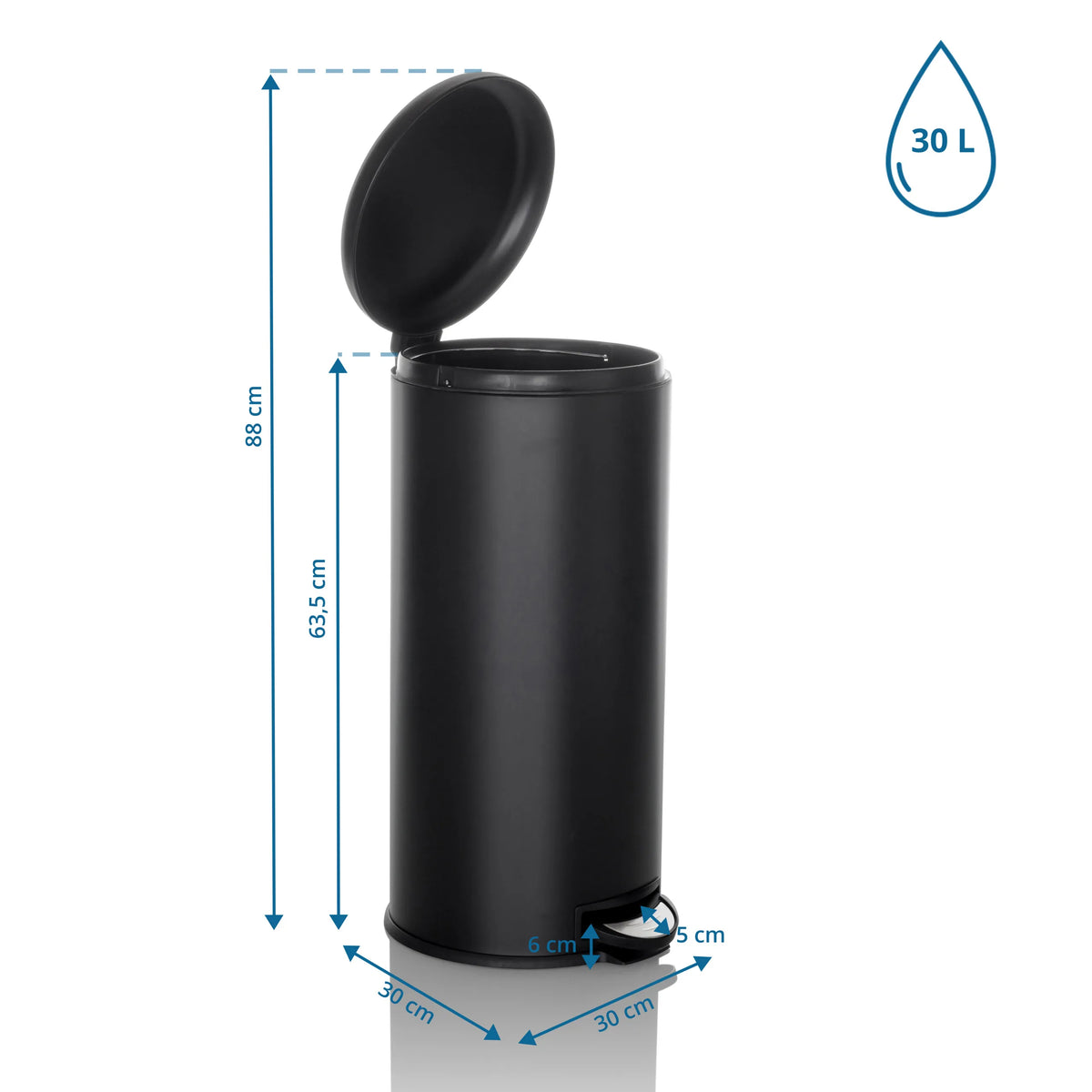 Dessin coté de la poubelle CLEAN STEP avec un volume de 30 litres et une hauteur totale de 88 cm de hjh OFFICE