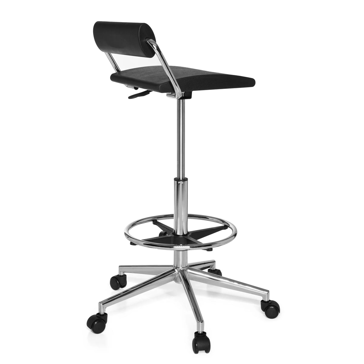 Tabouret pivotant noir TOP WORK 28 avec repose-pieds et piètement à cinq roulettes de hjh OFFICE – vue à 360° (vue de trois quarts arrière 120°)