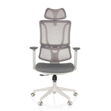 Siège de bureau de qualité professionnelle ERGOMY W gris, dossier maille et piètement blanc à 5 roulettes de MyBuero – vue à 360° (vue de face 0°)