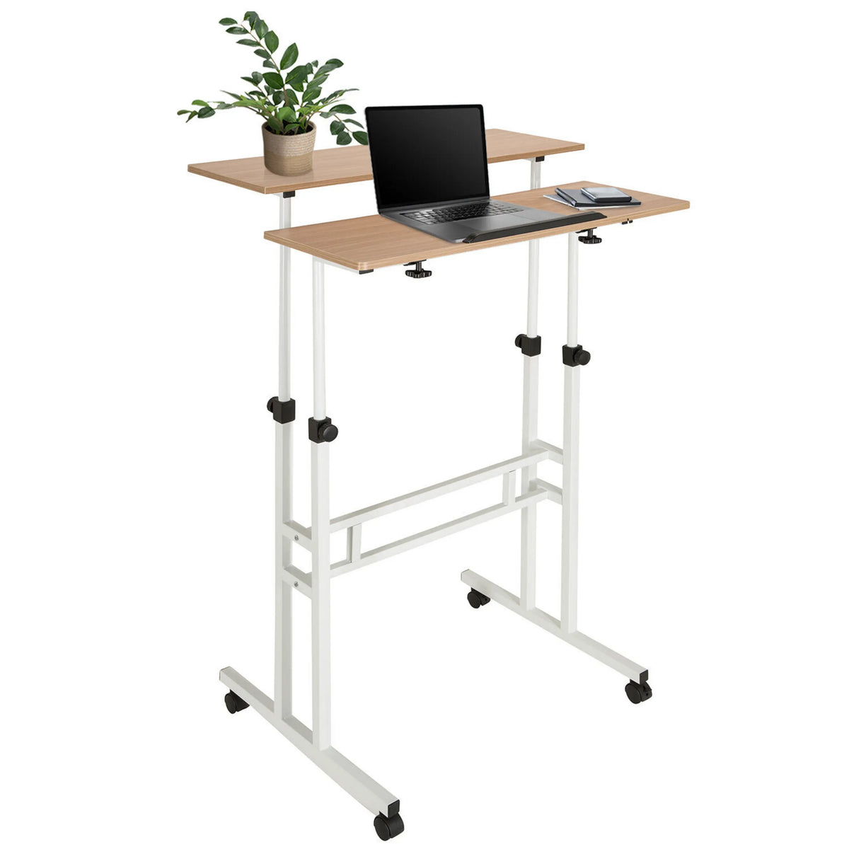 Bureau assis-debout WORKSTATION I en blanc et chêne avec deux niveaux et roulettes de hjh OFFICE