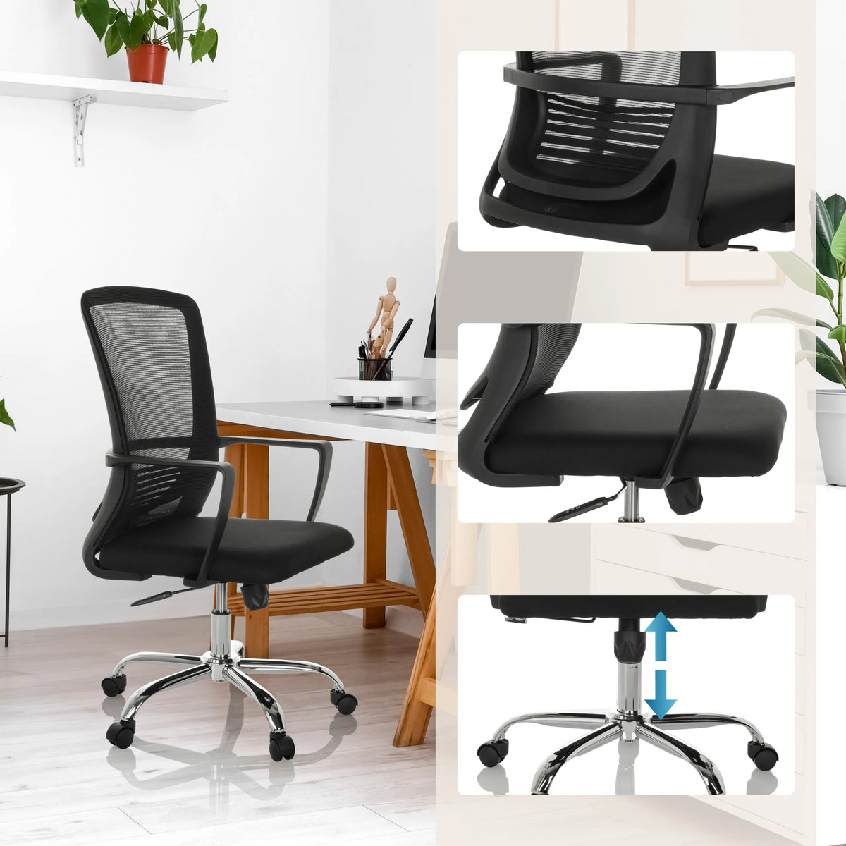 Siège de bureau à domicile STAR-TEC S rembourré noir avec dossier en maille et vérin à gaz de hjh OFFICE