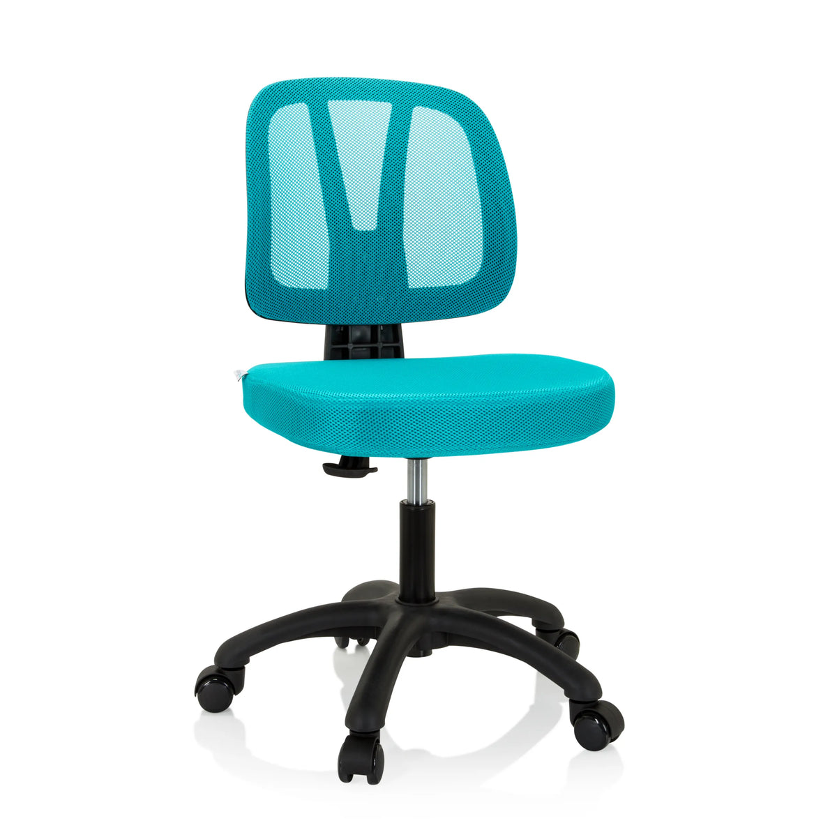 Chaise pivotante pour des enfants KID YU 200 turquoise avec dossier en maille et base à cinq roulettes de hjh OFFICE – vue à 360° (vue de face 20°)