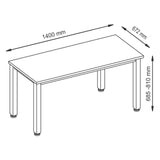 Dessin coté du bureau QUEO 614 S avec dimensions 1400 mm de longueur, 672 mm de profondeur et 685-810 mm de hauteur de hjh OFFICE PRO