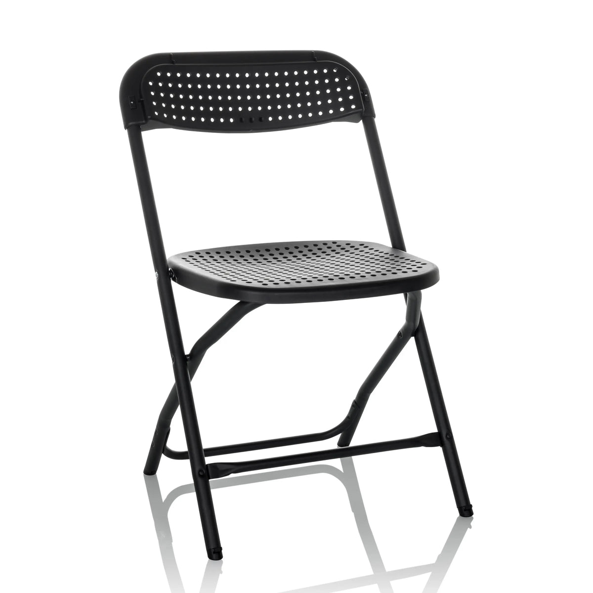 Chaise d'extérieur noire TUDELA XXL PRO avec assise et dossier perforés de hjh OFFICE – vue à 360° (vue de face 15°)