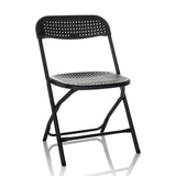 Chaise d'extérieur noire TUDELA XXL PRO avec assise et dossier perforés de hjh OFFICE – vue à 360° (vue de face 15°)