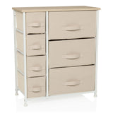 Commode beige FOLDRESS B avec sept tiroirs en tissu et structure blanche de hjh LIVING – vue à 360° (vue de face 15°)