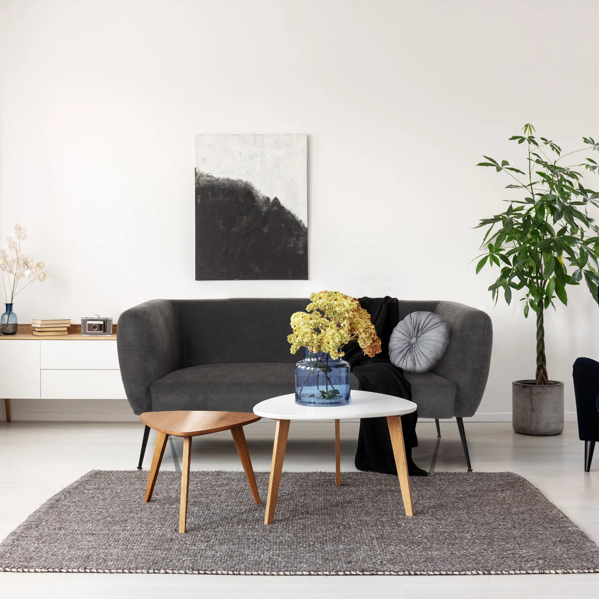 Canapé lounge gris HAYRIVER avec deux tables d'appoint et un tapis dans une pièce lumineuse de hjh LIVING