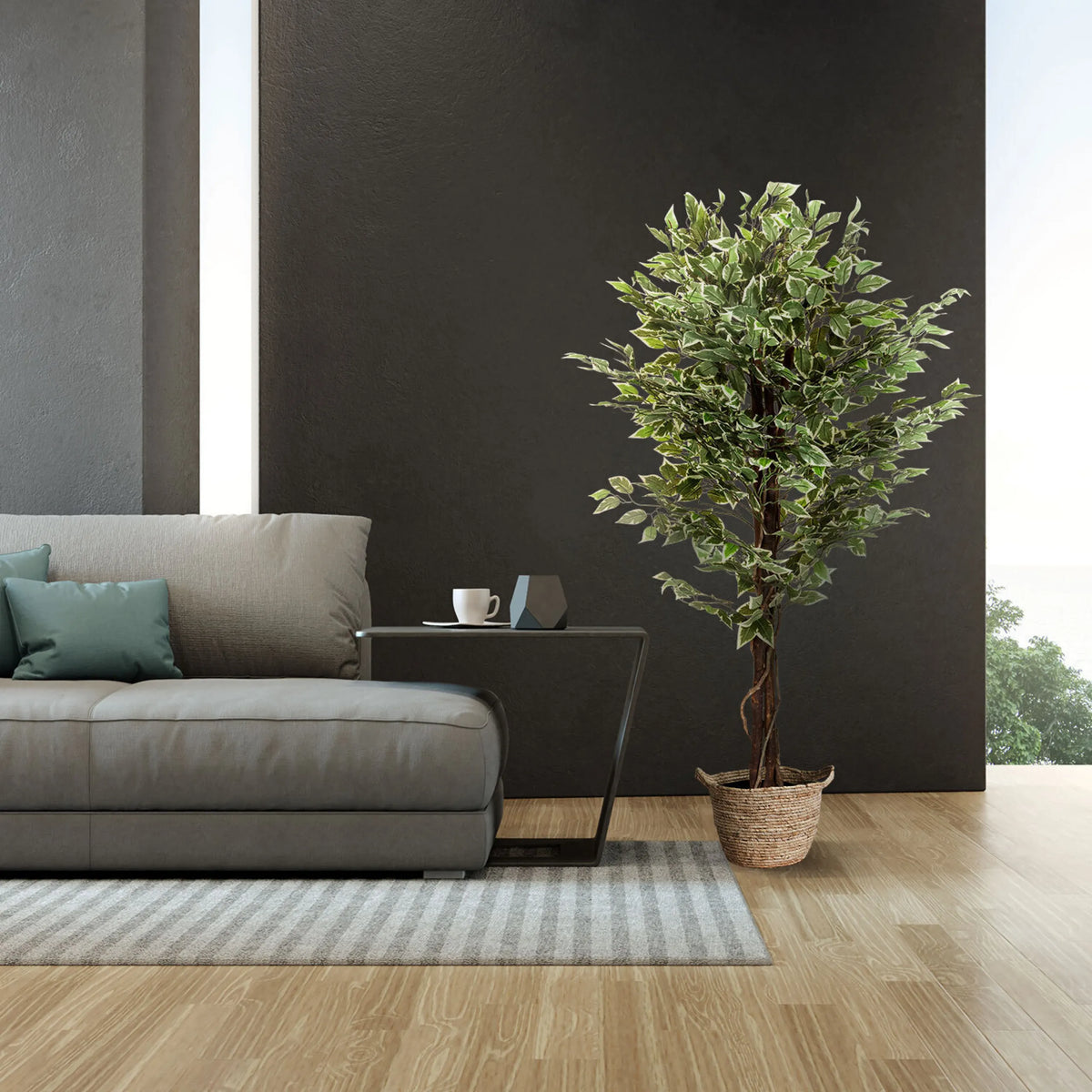 Plante artificielle FICUS de couleur verte dans un panier tressé de hjh OFFICE