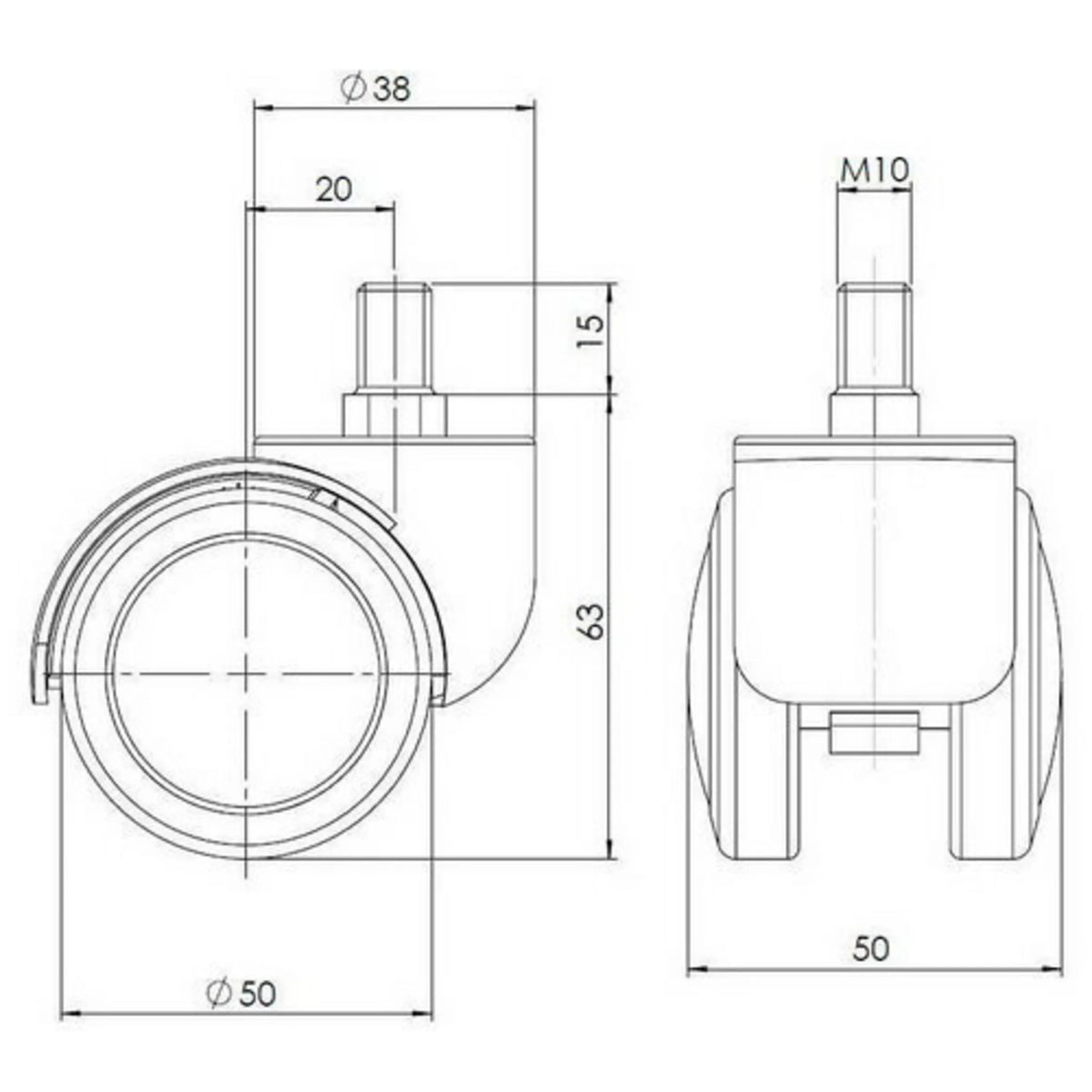 Dessin technique des roulettes 5x ROLO M10/50mm d'un diamètre de 50 mm de hjh OFFICE