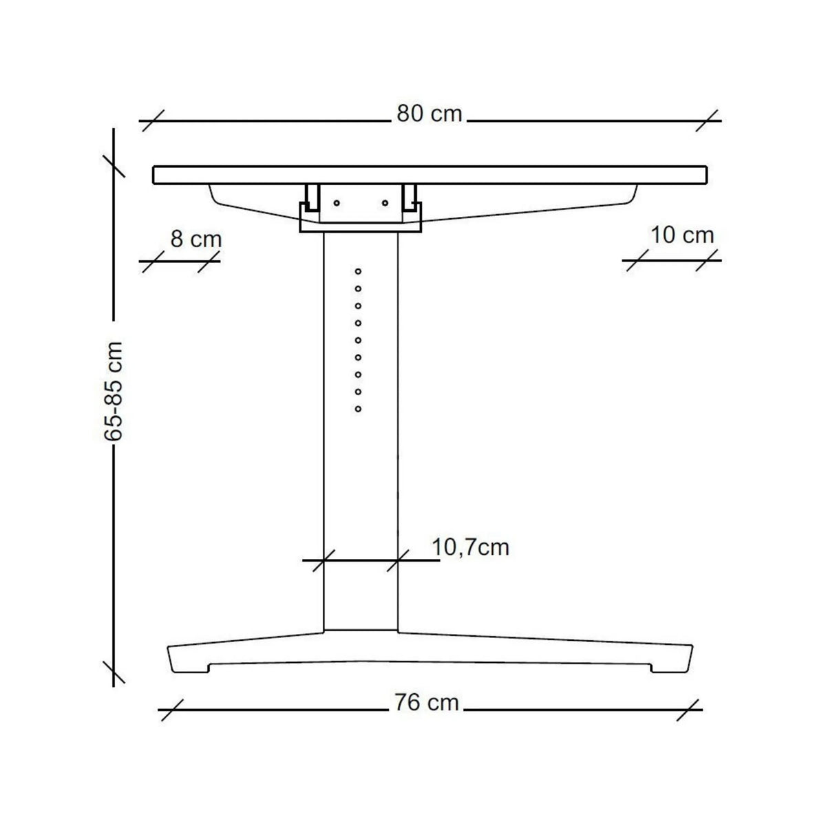Dessin coté du bureau réglable en hauteur XTRA XB 8 GC avec largeur 80 cm et hauteur 65-85 cm de hjh OFFICE PRO