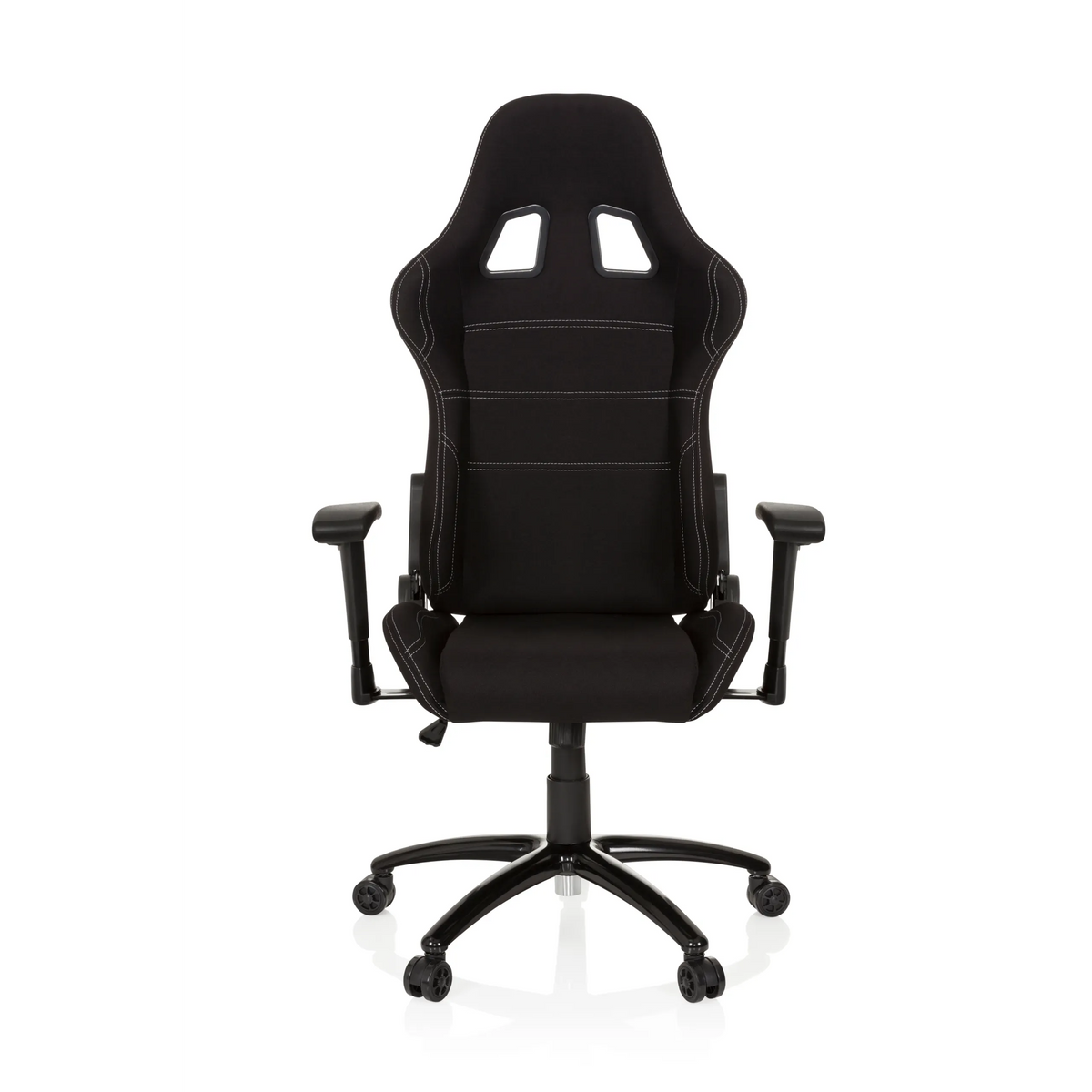 Fauteuil Gamer noir GAME FORCE avec appui-tête, accoudoirs et base à cinq roulettes de hjh OFFICE – vue à 360° (vue de face 0°)