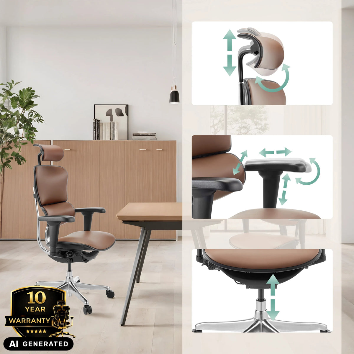 Fonctions réglables du siège de direction de luxe marron ERGOHUMAN ULTRA L GEN2 de hjh OFFICE (image générée par IA)