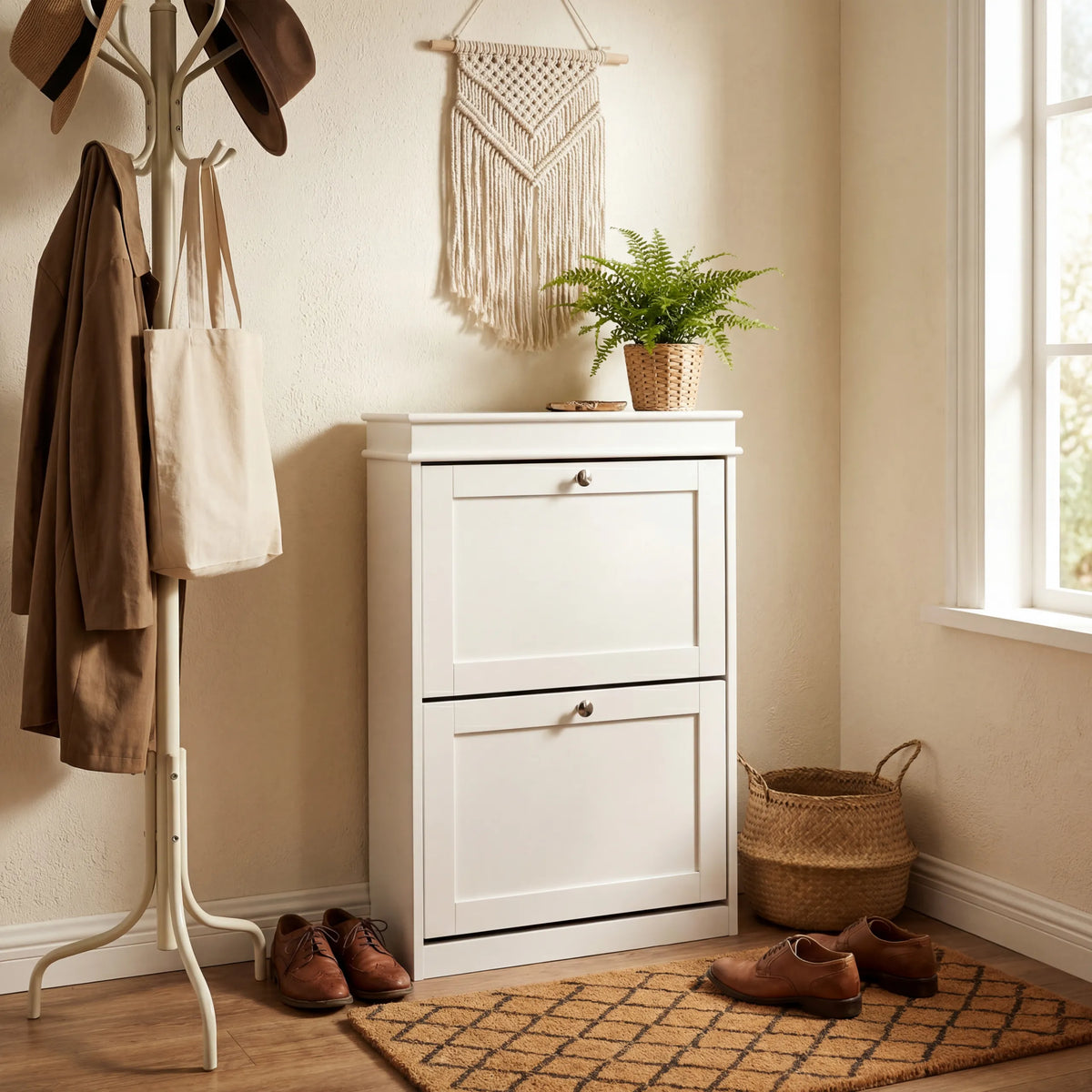 Armoire à chaussures Estha 20 blanche avec deux portes abattantes et des poignées rondes dans un couloir de hjh LIVING