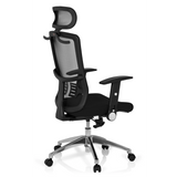 Siège de bureau de qualité professionnelle CAYEN noir, dossier mesh, appuie-tête et base à 5 roulettes de hjh OFFICE – vue à 360° (vue de trois quarts arrière 120°)