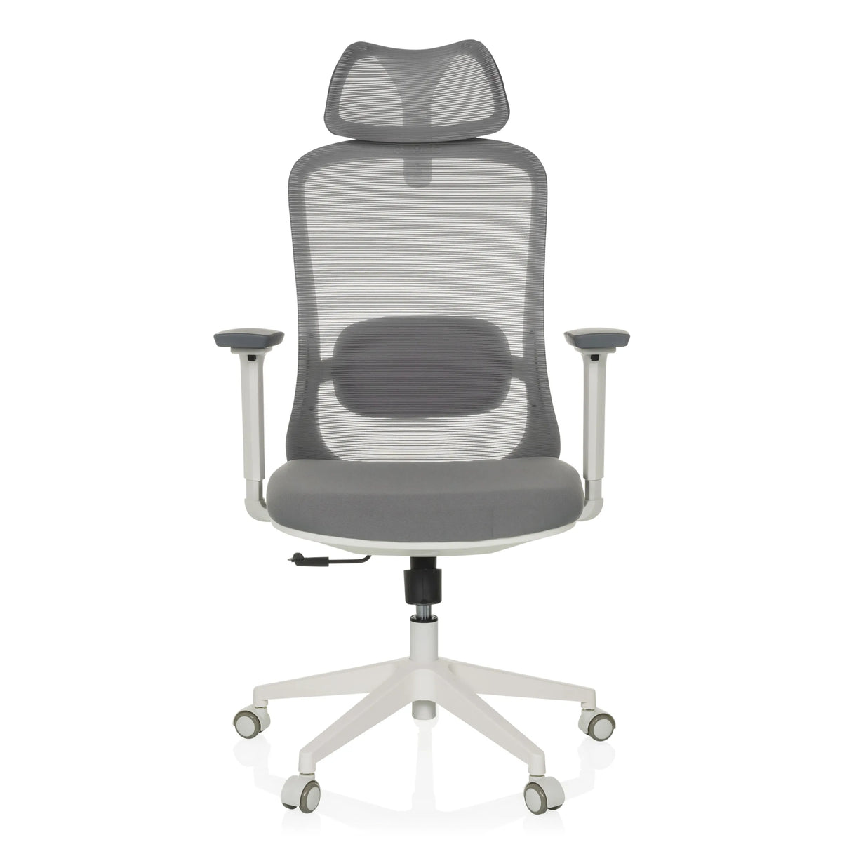 Siège de bureau de qualité professionnelle MIKEO G gris avec dossier maille, appui-tête et base à roulettes de hjh OFFICE – vue à 360° (vue de face 0°)